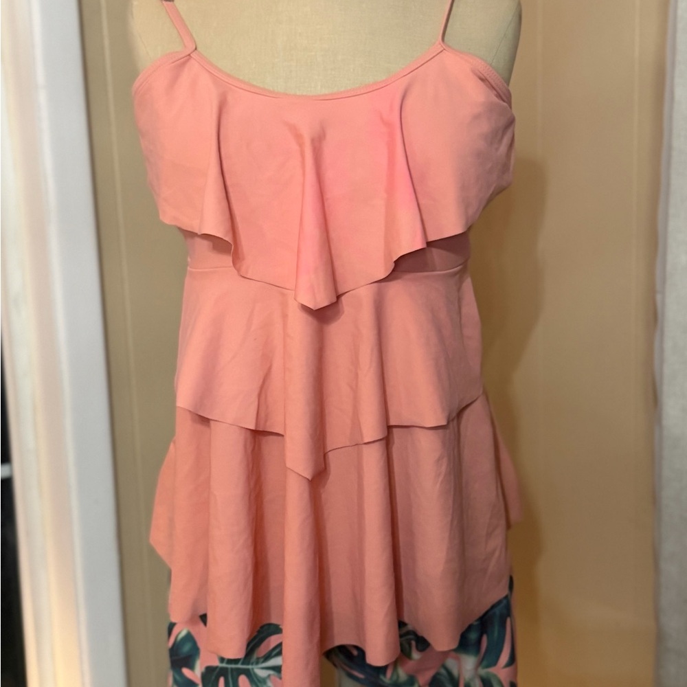 Peach/green palm Tiered Ruffle Tankini